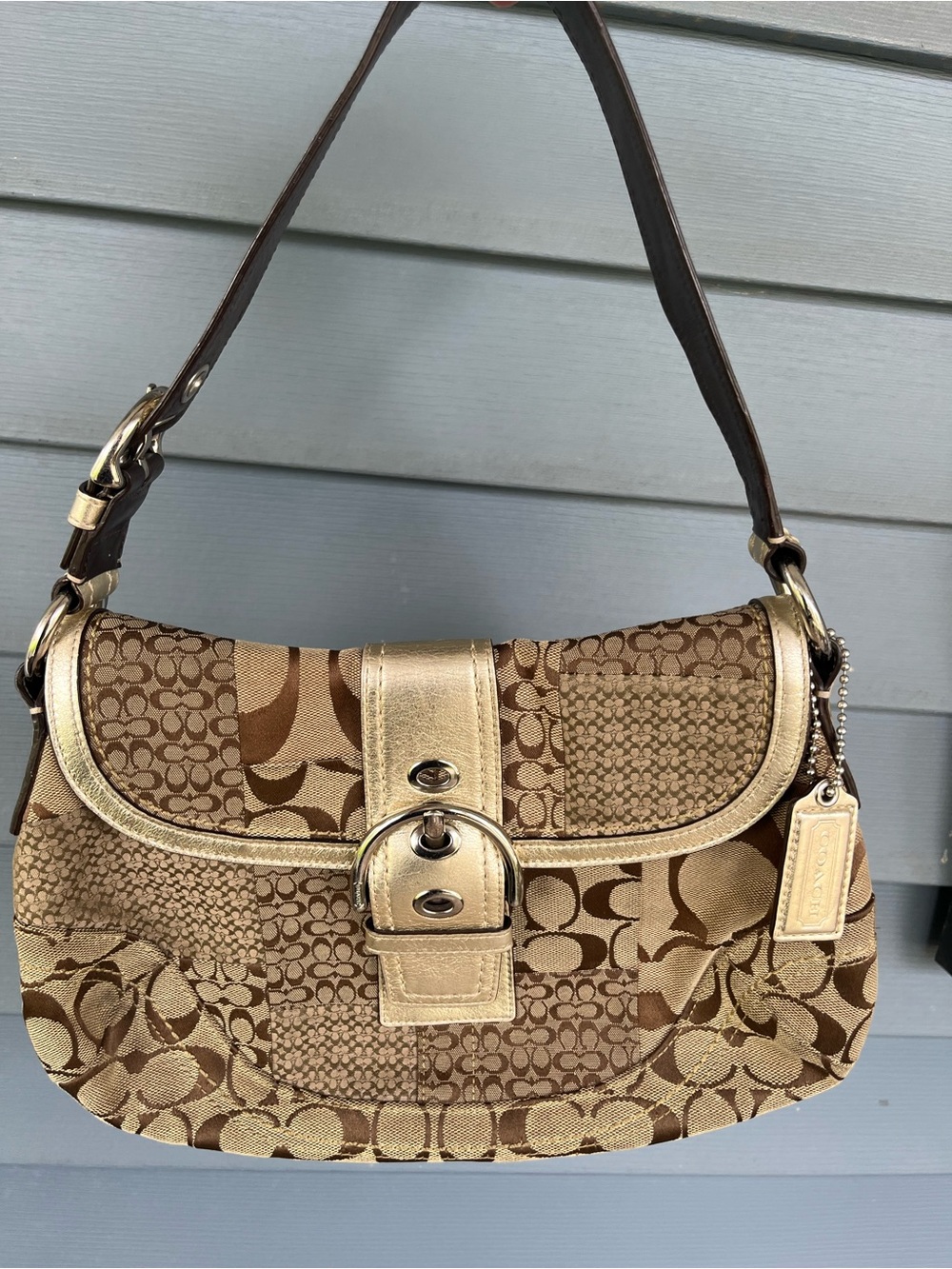 Coach soho Signature Patchwork Shoulder Bag in Brown and Gold